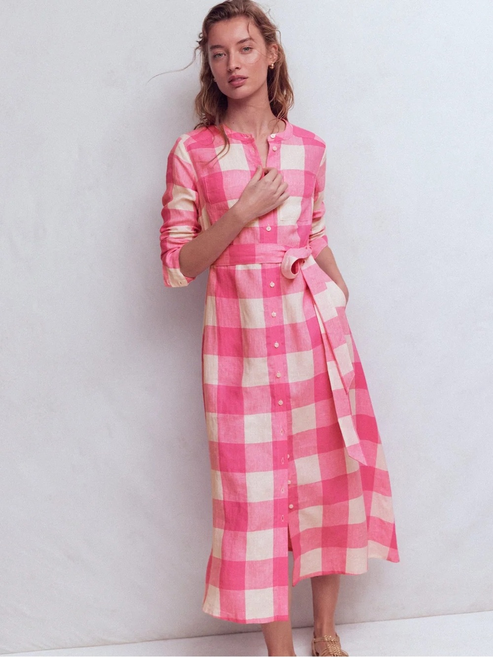 Boden Pink and White Gingham Button-Front Dress with Tie - Picture 4 of 4